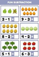 Education game for children fun subtraction by counting and eliminating cartoon fruits and vegetables kale onion durian melon spinach tomato worksheet vector