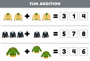 Education game for children fun addition by guess the correct number of wearable clothes cardigan tuxedo suit sweater printable worksheet vector