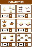 Education game for children fun addition by counting and sum cute cartoon wooden transportation raft gondola ark xebec wagon carriage pictures worksheet vector