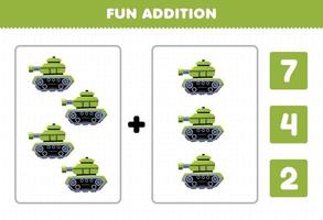 Education game for children fun addition by count and choose the correct answer of cartoon transportation military tank printable worksheet vector