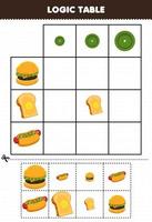 juego educativo para niños tabla lógica tamaño de clasificación pequeño mediano o grande de comida de dibujos animados hamburguesa tostada imagen de perrito caliente hoja de trabajo imprimible vector