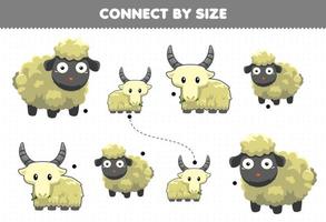 Educational game for kids connect by the size of cute cartoon animal sheep and goat printable worksheet vector