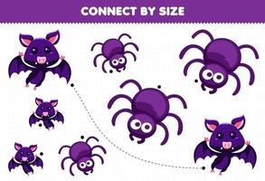 juego educativo para niños conectado por el tamaño de la hoja de trabajo imprimible de araña y murciélago animal de dibujos animados lindo vector