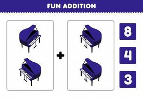 Education game for children fun addition by count and choose the correct answer of cartoon music instrument piano printable worksheet vector