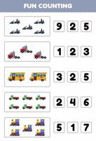 Education game for children fun counting and choosing the correct number of cartoon land transportation go cart convoy truck bus pickup truck train locomotive printable worksheet vector