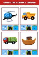 Education game for children guess the correct terrain air land or water of cartoon transportation helicopter dump truck garbage truck ark printable worksheet vector