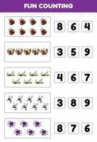 juego educativo para niños diversión contando y eligiendo el número correcto de dibujos animados lindo insecto animal mariquita mariposa libélula mosquito araña hoja de trabajo imprimible vector