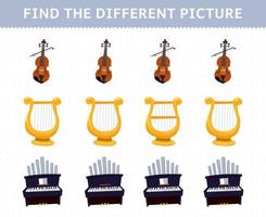 Education game for children find the different picture in each row of cartoon music instrument violin lyre organ printable worksheet vector