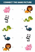Education game for children connect the same picture of cute cartoon animal pig panda snake beetle lion printable worksheet