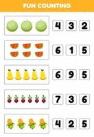 Education game for children fun counting and choosing the correct number of cartoon fruit and vegetable melon watermelon pear beet corn printable worksheet vector