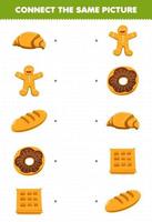 Education game for children connect the same picture of cartoon food croissant gingerbread bread donut waffle printable worksheet