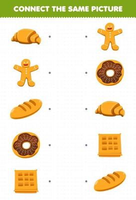 Education game for children connect the same picture of cartoon food croissant gingerbread bread donut waffle printable worksheet