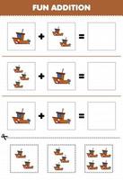 Education game for children fun addition by cut and match cute cartoon transportation wooden ship pictures worksheet vector