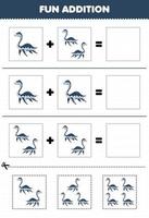 Education game for children fun addition by cut and match cute cartoon prehistoric dinosaur plesiosaur pictures worksheet vector