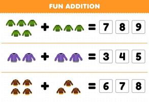 juego educativo para niños adición divertida adivinando el número correcto de ropa ponible suéter hoja de trabajo imprimible vector