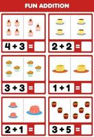 Education game for children fun addition by counting and sum cartoon food cupcake flan muffin pancake jelly pictures worksheet vector