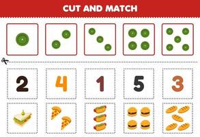 Education game for children cut and match the same number of cartoon food sandwich pizza hotdog burger bread printable worksheet vector