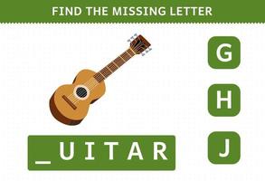 juego educativo para niños encontrar letra faltante dibujos animados instrumento musical guitarra hoja de trabajo vector