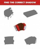 Education game for children find the correct shadow set of cartoon music instrument accordion vector