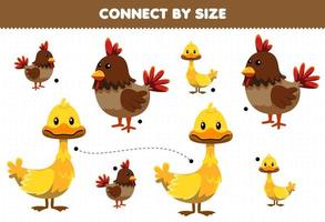 Educational game for kids connect by the size of cute cartoon animal duck and chicken printable worksheet vector