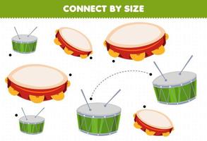 Educational game for kids connect by the size of cartoon music instrument tambourine and drum printable worksheet vector