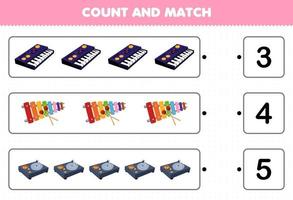 Education game for children count and match count the number of cartoon music instrument synthesizer xylophone turntable and match with the right numbers printable worksheet vector