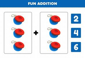 Education game for children fun addition by count and choose the correct answer of cartoon music instrument castanet printable worksheet vector