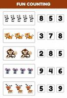 Education game for children fun counting and choosing the correct number of cute cartoon forest animal panda tiger monkey koala deer printable worksheet vector