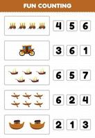 Education game for children fun counting and choosing the correct number of cartoon wooden transportation wagon carriage xebec kayak ark printable worksheet vector