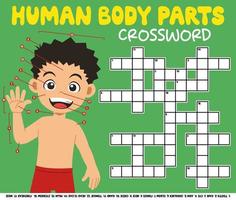 Education game crossword puzzle for learning english words with cute cartoon boy human body parts picture printable worksheet vector