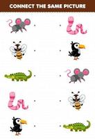 Education game for children connect the same picture of cute cartoon animal mouse bee crocodile worm toucan printable worksheet vector