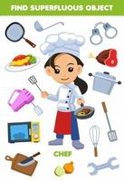 Education game for children find the superfluous objects for cute cartoon profession chef printable worksheet vector