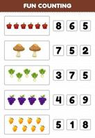 Education game for children fun counting and choosing the correct number of cartoon fruit and vegetable paprika mushroom lettuce grape mango printable worksheet vector