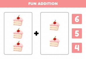 Education game for children fun addition by count and choose the correct answer of cartoon food cake printable worksheet vector