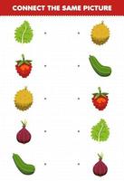 Education game for children connect the same picture of cartoon fruit and vegetable kale raspberry durian shallot cucumber printable worksheet