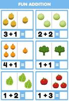 Education game for children fun addition by counting and sum cartoon durian melon onion spinach kale tomato pictures worksheet vector