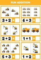 Education game for children fun addition by counting and sum cute cartoon heavy machine transportation bulldozer forklift crane dump truck tractor excavator pictures worksheet