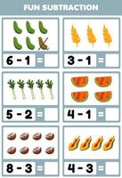 Education game for children fun subtraction by counting and eliminating cartoon fruits and vegetables cucumber wheat leek watermelon coconut papaya worksheet vector