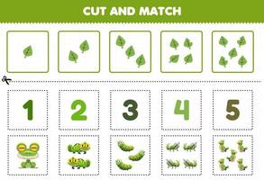 Education game for children cut and match the same number of cute cartoon green animal printable worksheet vector