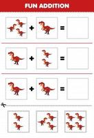 Education game for children fun addition by cut and match cute cartoon prehistoric dinosaur tyrannosaurus pictures worksheet vector