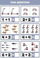 juego educativo para niños divertido además contando y sumando dibujos animados lindo transporte manual bicicleta kayak monociclo planeador triciclo imágenes hoja de trabajo vector