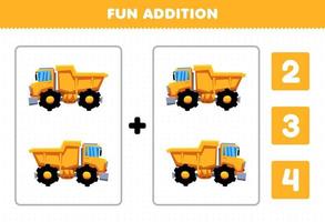 Education game for children fun addition by count and choose the correct answer of cartoon heavy machine transportation dump truck printable worksheet