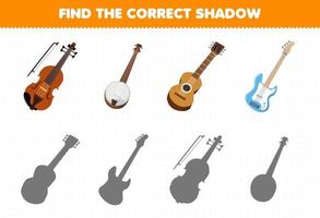 juego educativo para niños encontrar la sombra correcta conjunto de dibujos animados instrumento musical violín banjo guitarra bajo vector