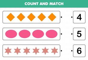 Education game for children count and match count the number of geometric shape rhombus oval star and match with the right numbers printable worksheet vector