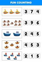 Education game for children fun counting and choosing the correct number of cartoon water transportation submarine boat ferry ship ark sailboat printable worksheet vector