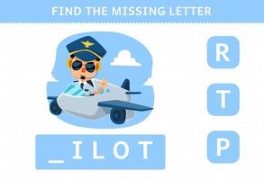 Education game for children find missing letter of cute cartoon profession pilot printable worksheet vector