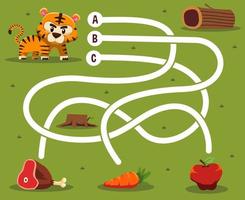 Maze puzzle game for children with cute cartoon animal tiger looking for the correct food beef carrot or apple printable worksheet