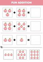 Education game for children fun addition by cut and match cartoon fruit peach pictures worksheet vector