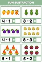 Education game for children fun subtraction by counting and eliminating cartoon fruits and vegetables mango papaya plum potato watermelon mangosteen worksheet vector