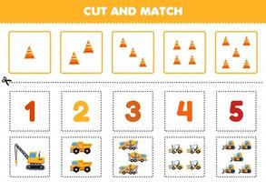 Education game for children cut and match the same number of cute cartoon heavy machine transportation crane dump truck concentrate mixer forklift bulldozer printable worksheet vector